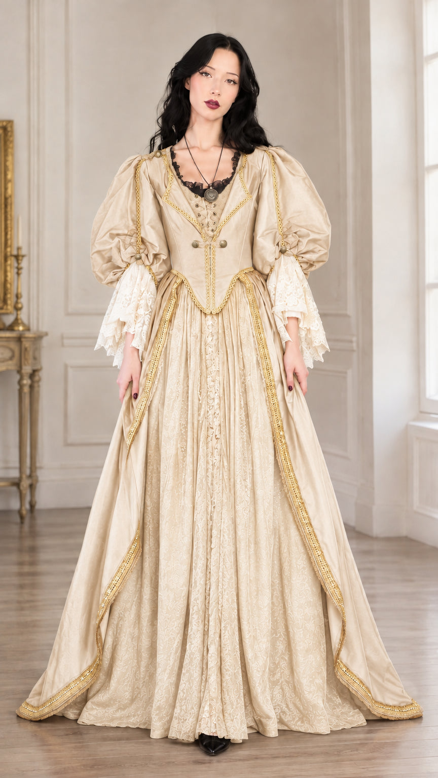 Full-length front view of the renaissance medieval dress in champagne gold with matching skirt
