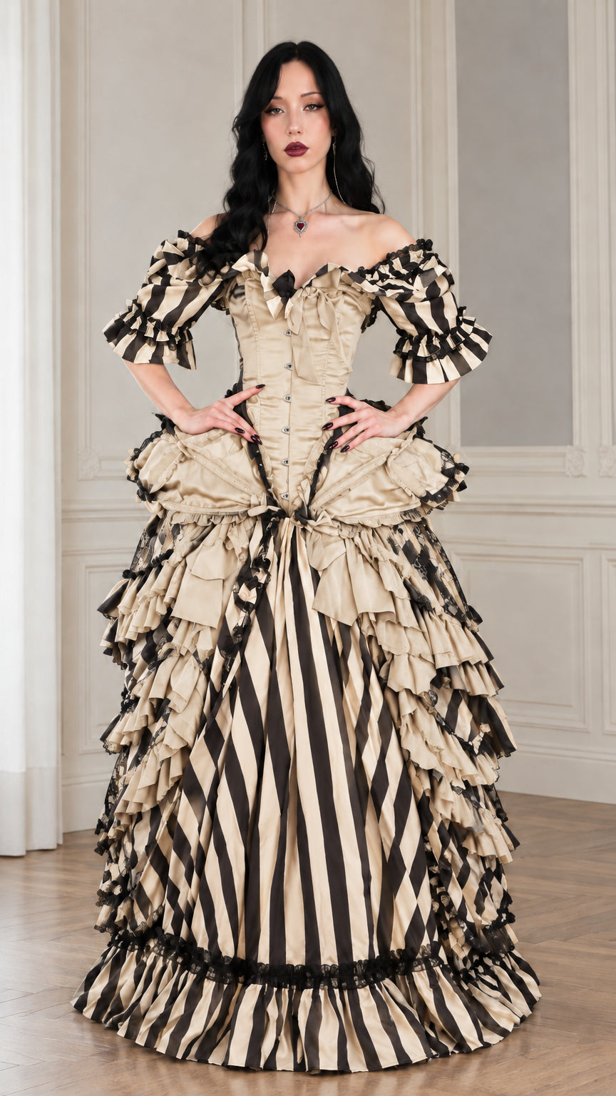 Front view of the champagne beige and black striped Victorian corset ball gown