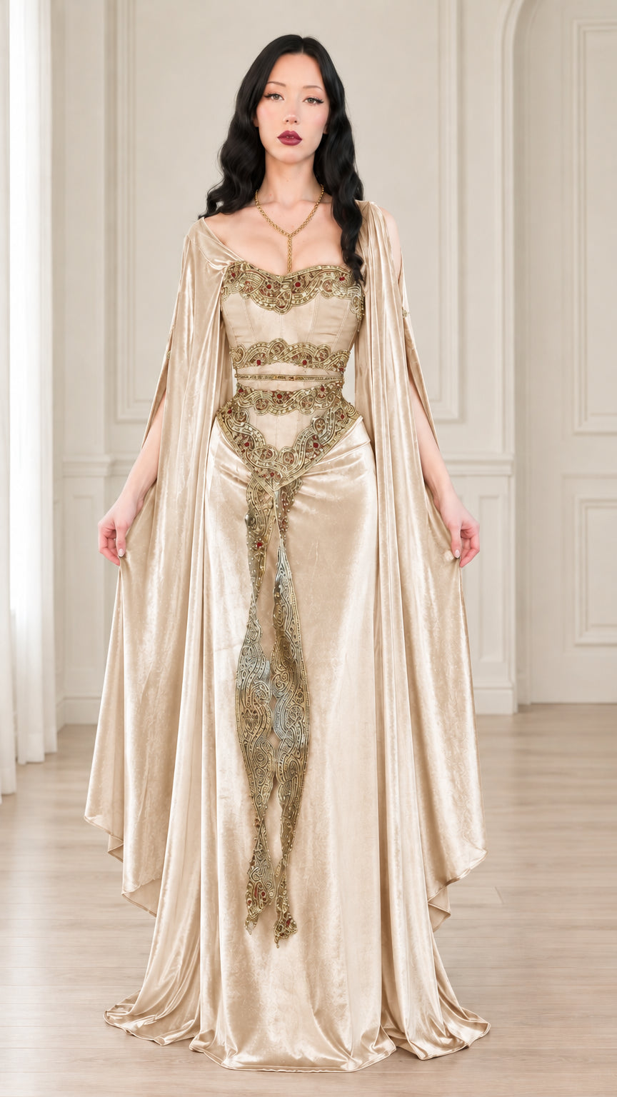 Champagne gold velvet medieval gown with ornate gold embroidery