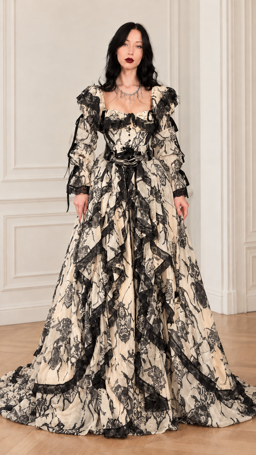 Front view of champagne beige and black baroque lace tiered ruffle maxi gown