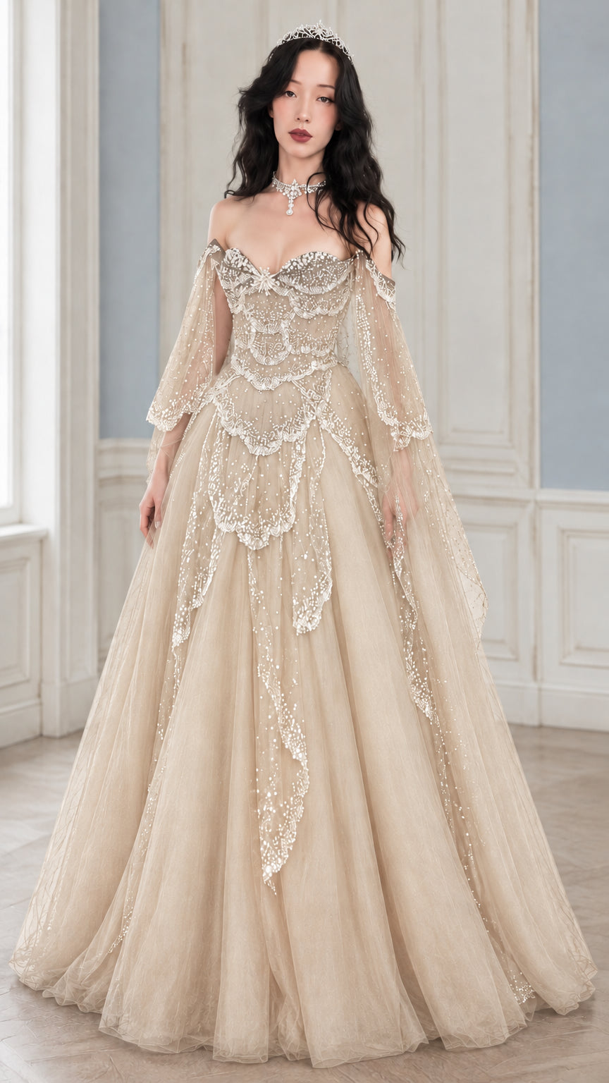 Champagne gold off-shoulder sequin petal embellished tulle gown