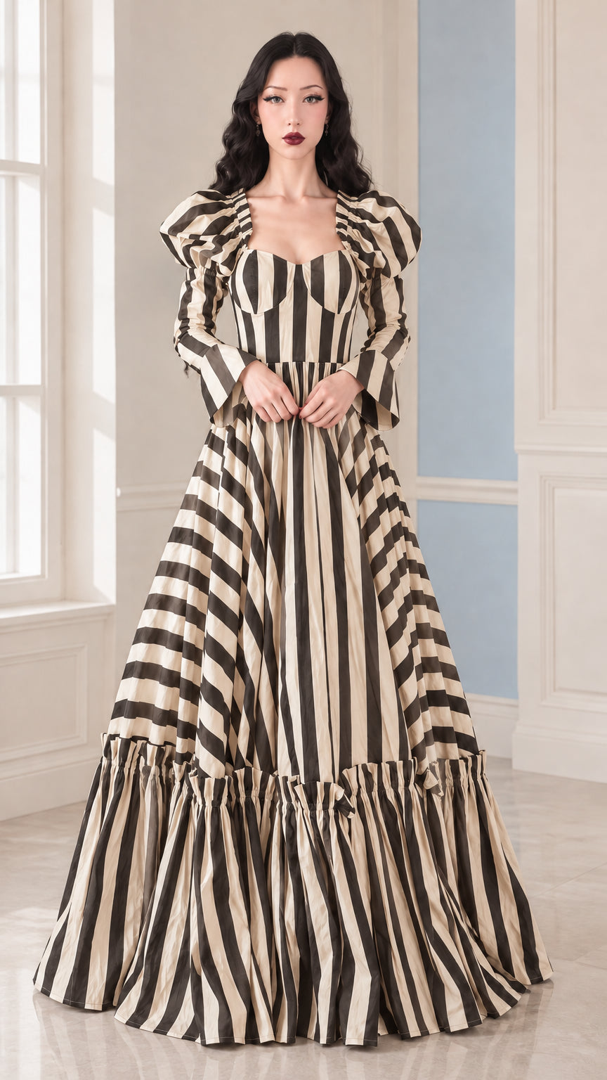 Front view of woman wearing Taupe and Cream striped sweetheart tiered maxi gown