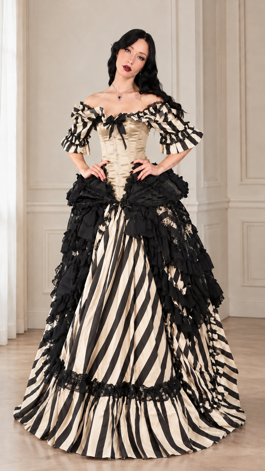 Front view of model wearing champagne gold corset and black striped Victorian gown