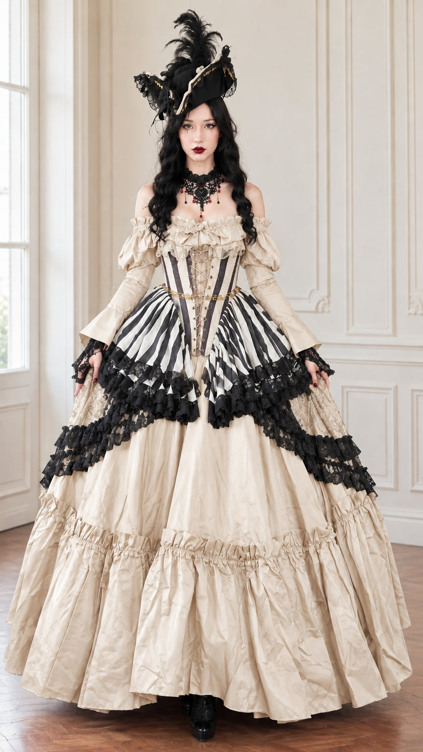 Champagne beige Victorian corset ballgown dress with black lace trim