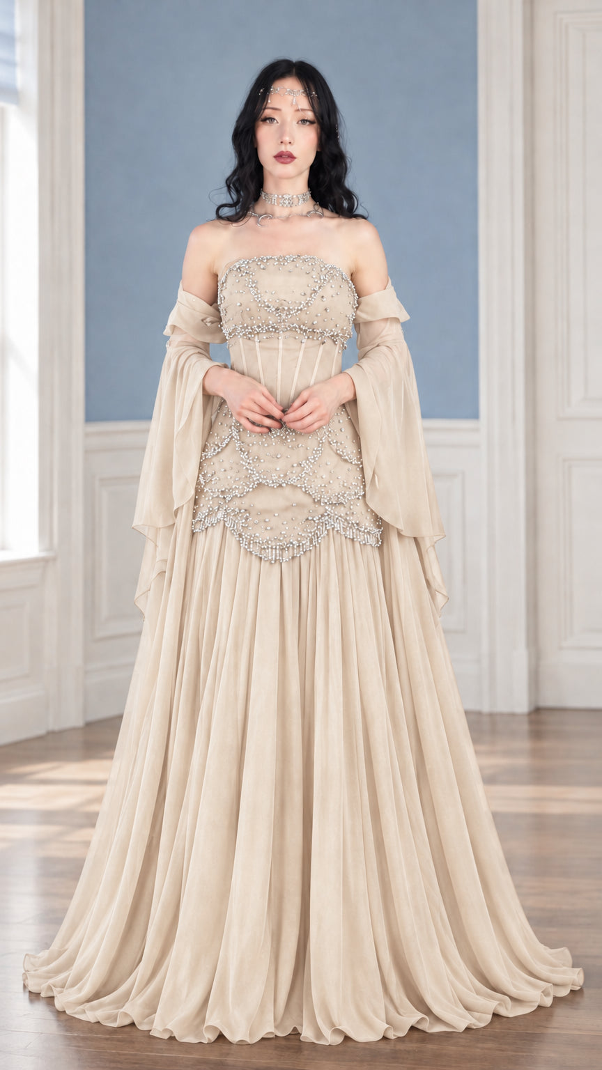 Front view of champagne beige strapless beaded corset evening gown