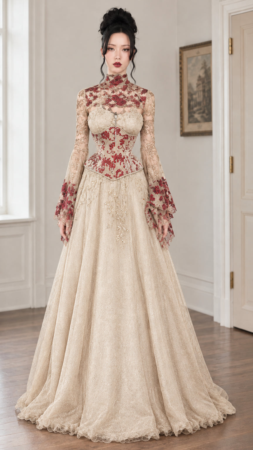 Full-length front view of champagne gold Victorian lace corset ball gown