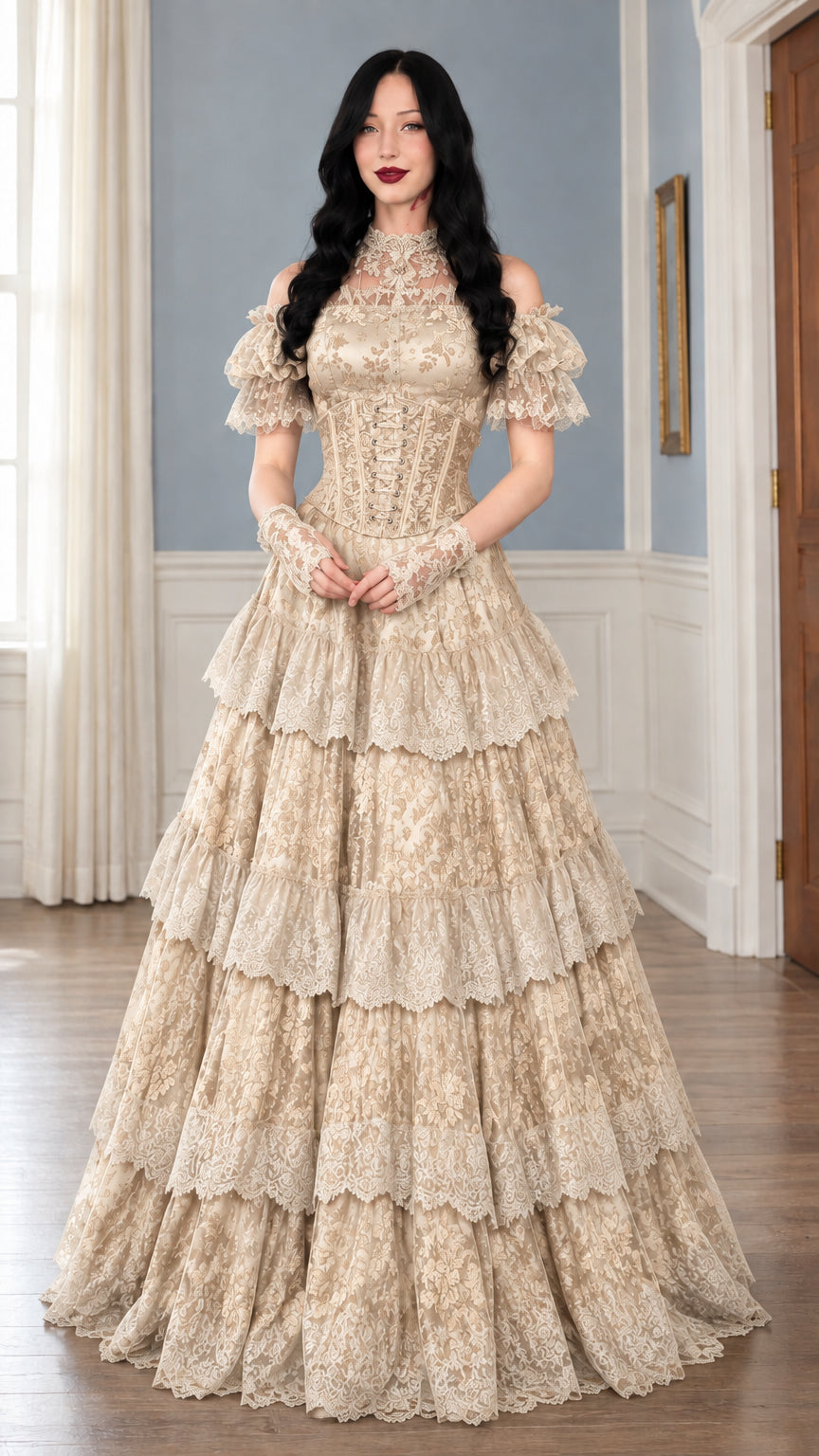Front view of model wearing champagne gold floral lace tiered ball gown