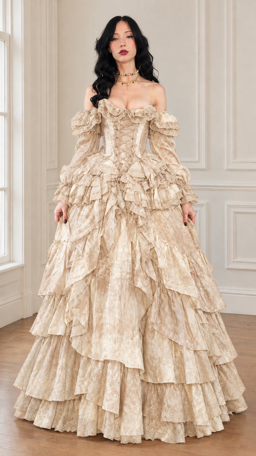 Front view of the tiered off-shoulder ball gown in champagne