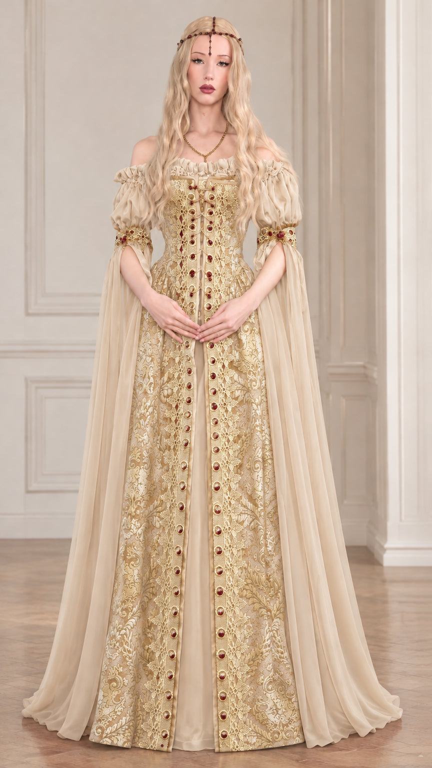 Front view of champagne beige renaissance medieval gown with ornate gold brocade and sheer cape sleeves