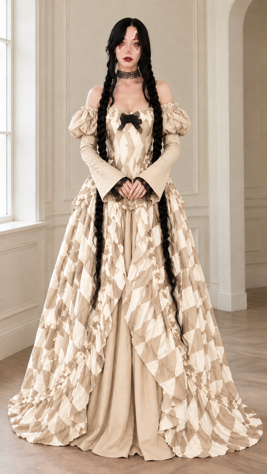 Front full-length view of model wearing Champagne Beige gothic harlequin ball gown