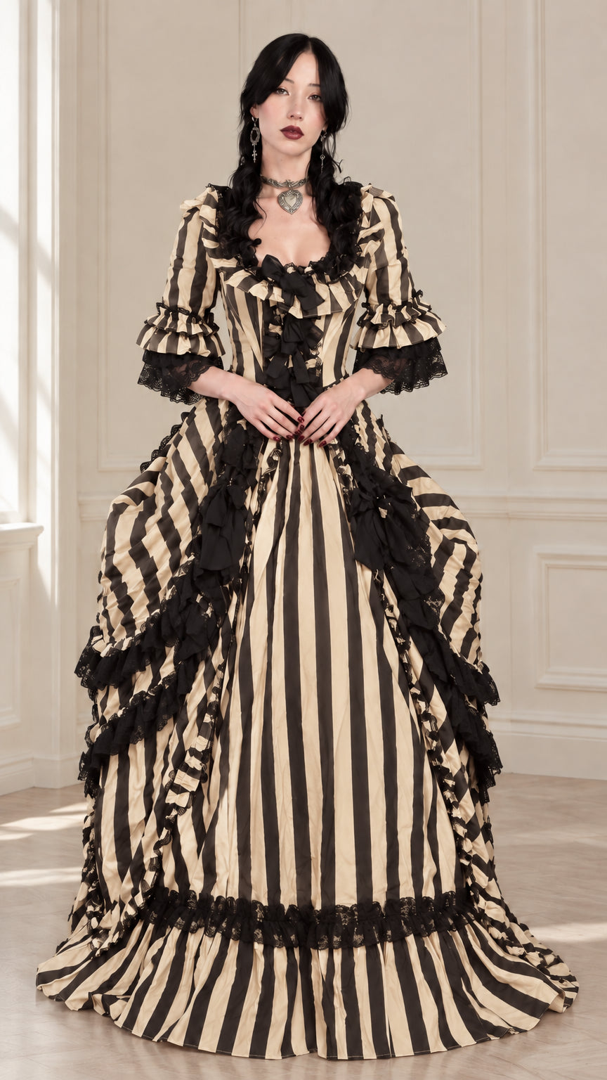 Champagne and black striped Victorian gothic ball gown dress
