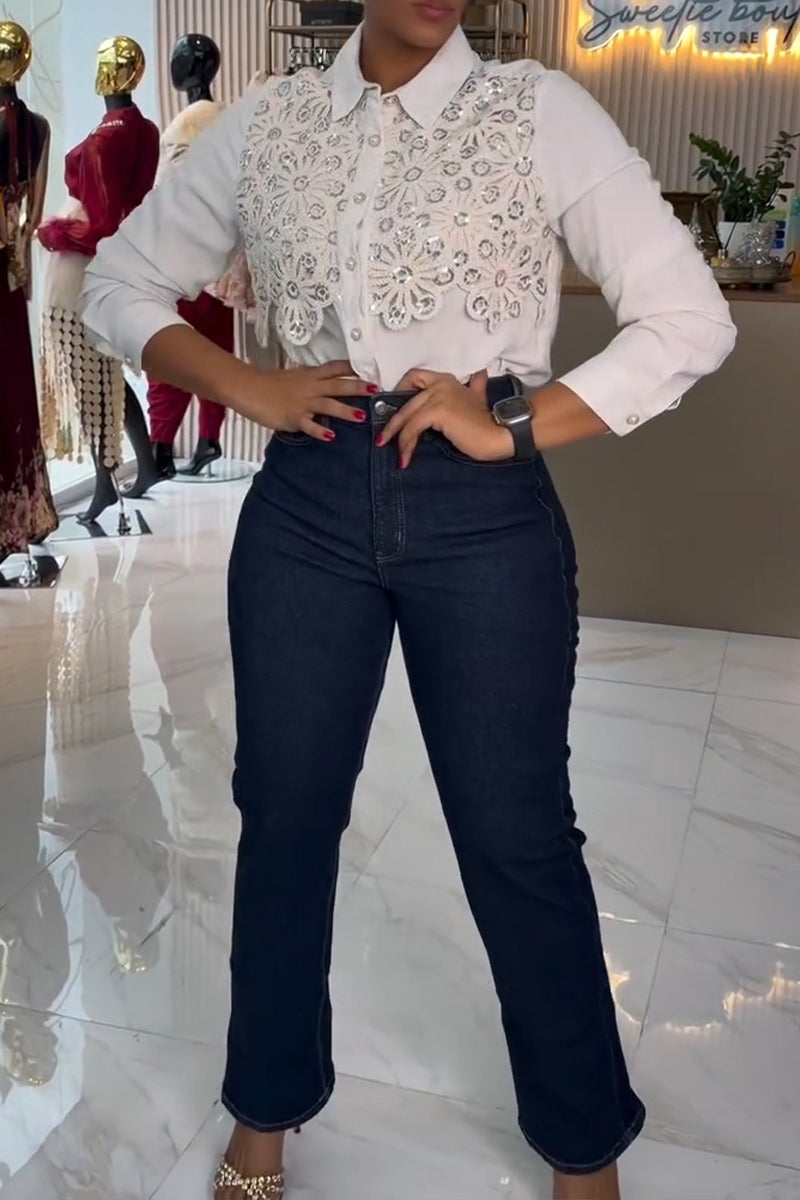 Women's Casual Beads Flower Decoration Shirt