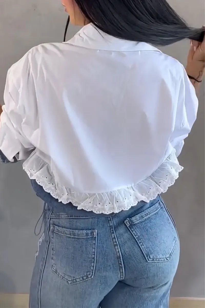 Women's Collar Patchwork Denim Casual Shirt