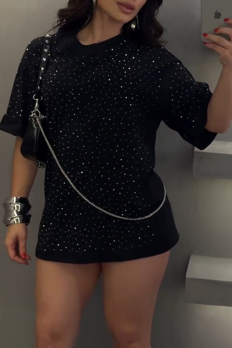 Women's Casual Shiny Rhinestone Loose T-Shirt