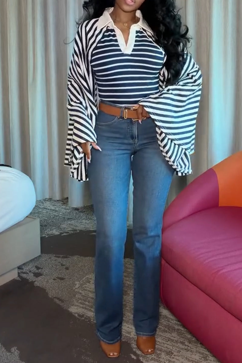 Women's Collar Patchwork Striped Casual Top