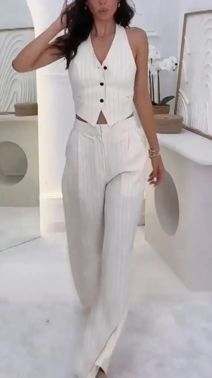 Ladies Neck Hanging Hollow Top+ Pants with A Casual Temperament Suit