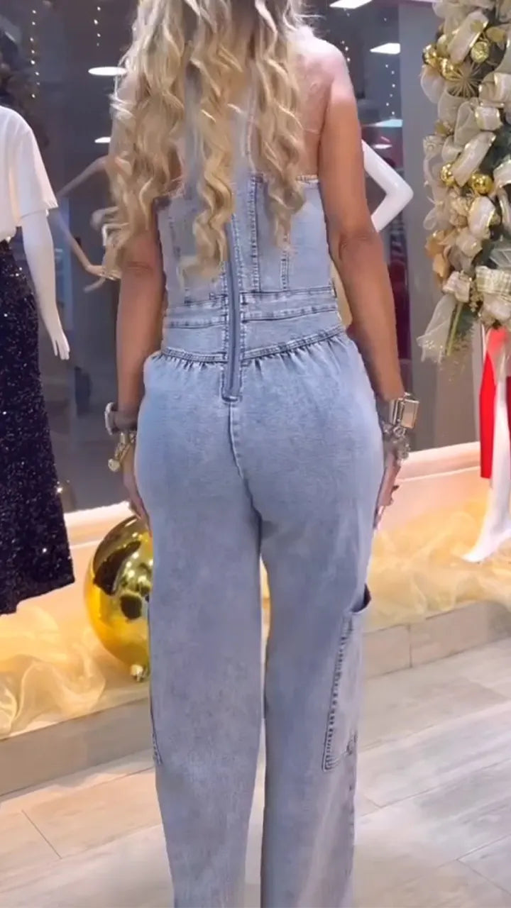 Women Round Neck Rhinestone Spliced Casual Denim Jumpsuit