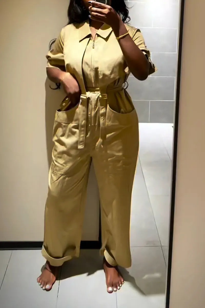 Women Collar Zipper Splicing Casual Jumpsuit