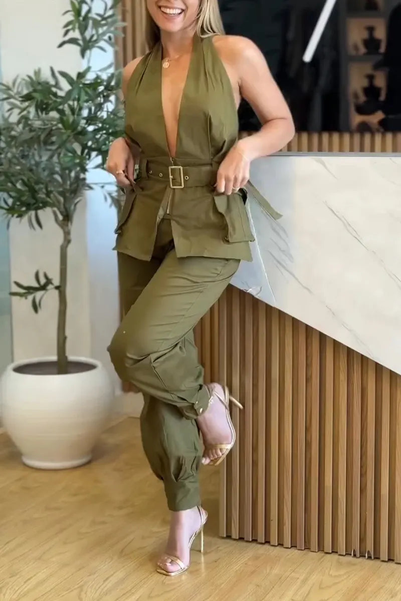 Women Neck and Waist Cinching Top+ Pants Casual Suit