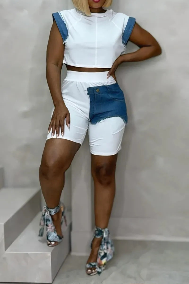 Ladies' Hot Selling Elegant Contrasting Sleeveless Tops And Shorts