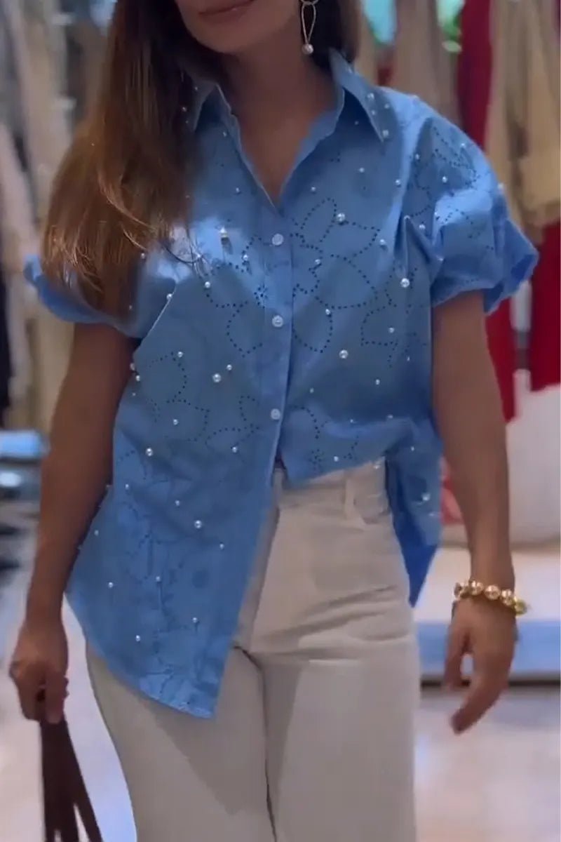 Women's Collar Patterned Nail Bead Casual Shirt