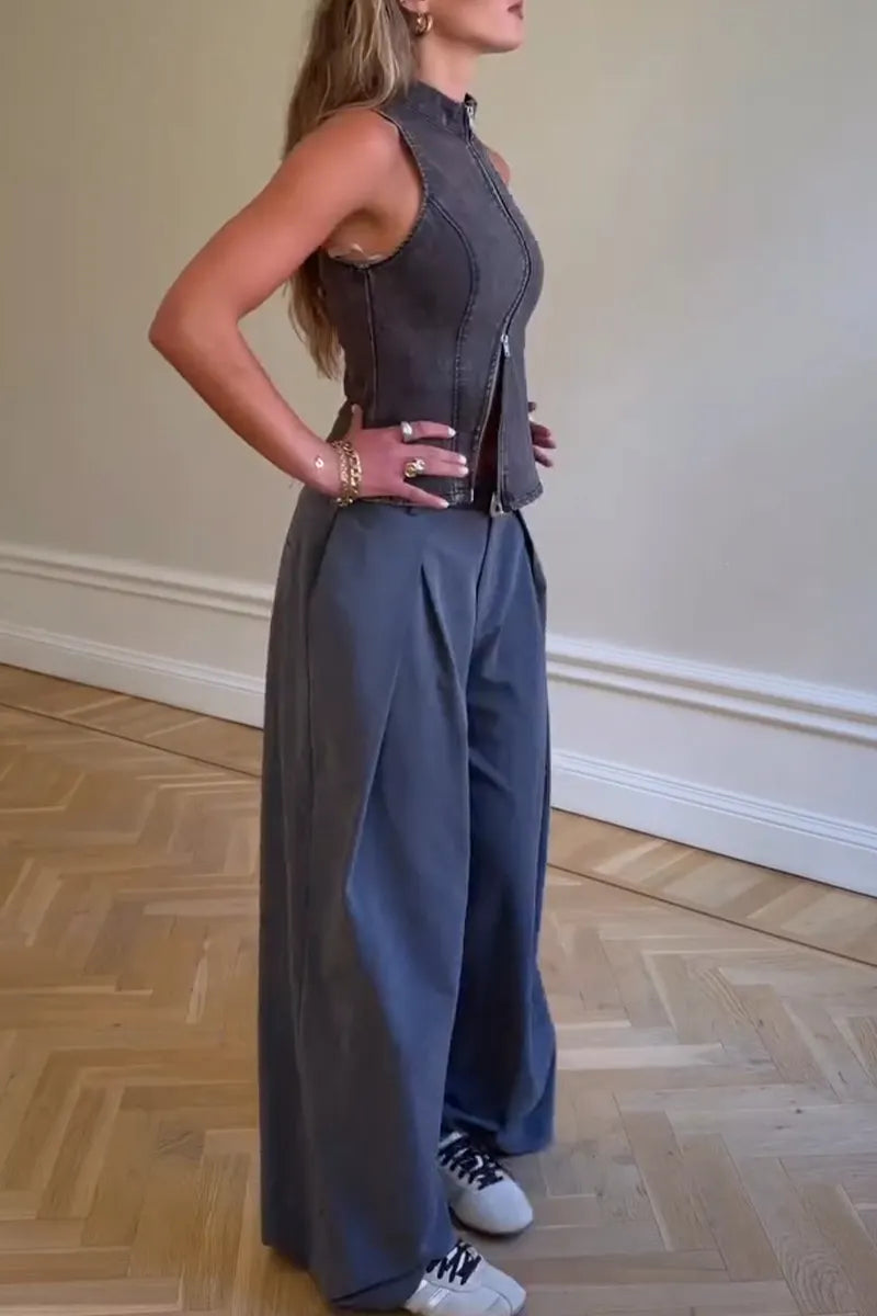 Women Casual Round Neck Sleeveless Zipper Denim Top or Wide Leg Pants