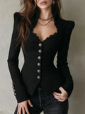 Quiet Luxury Heart-shaped Neckline Structured Lace-Trim Fitted Jacket with Silver Buttons