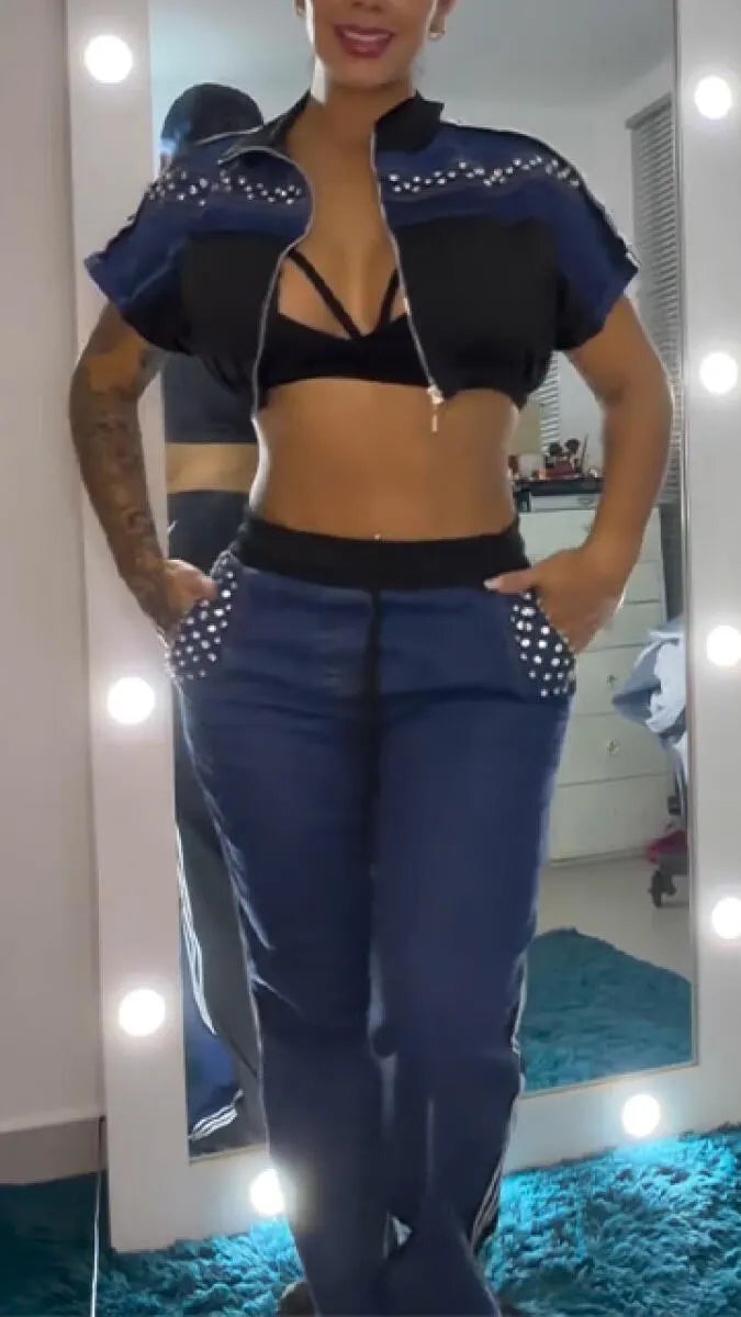 Women Round Neck Hot Pressed Diamond Spliced Top+ Pants Casual Set