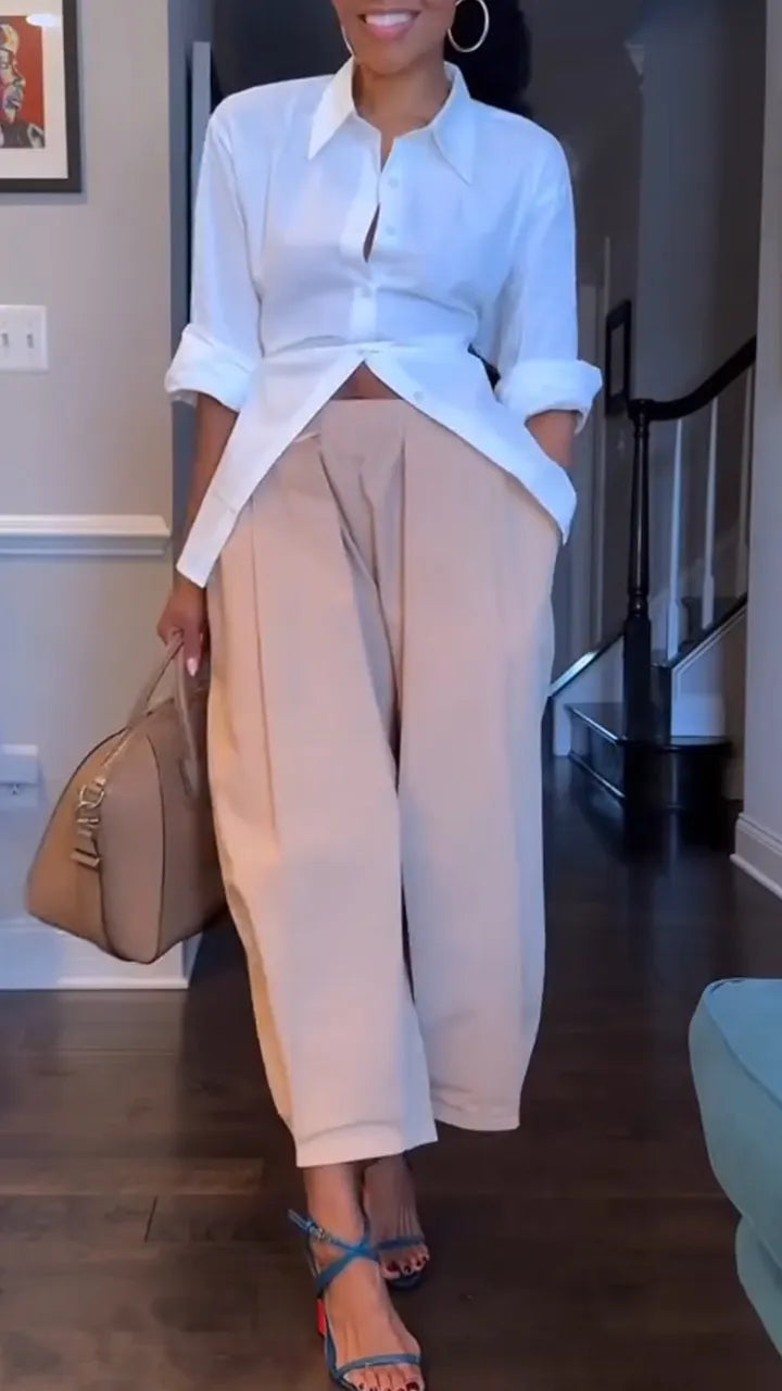 Women Collar Solid Color Shirt + Pants Temperament Casual Suit