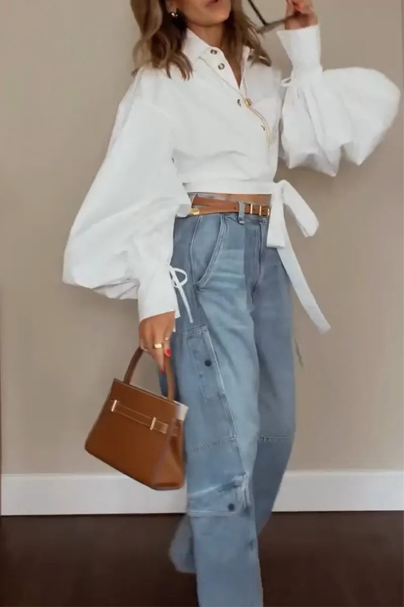 Women Casual Lantern Sleeve Lapel Shirt or Washed Water Spliced Jeans