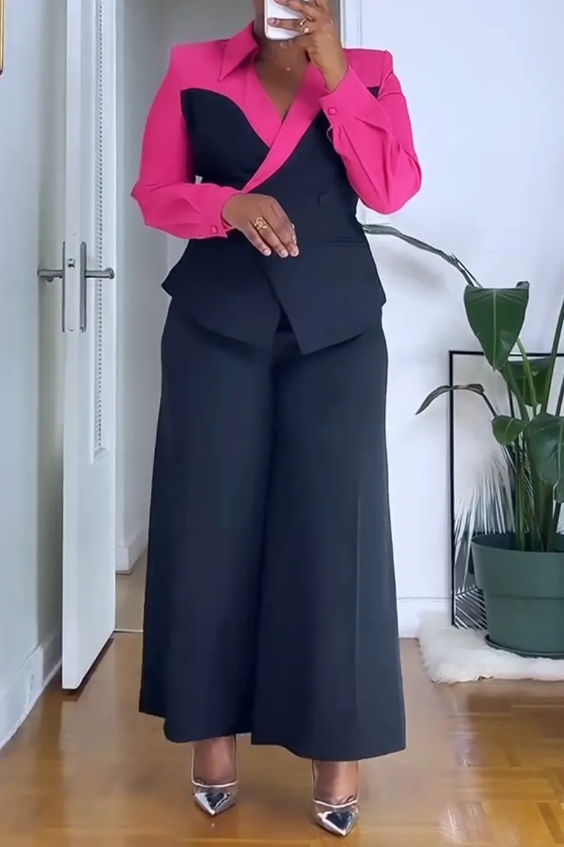 Women Collar Color Clash Blazer+ Wide Leg Pants Temperament Commuting Formal Suit