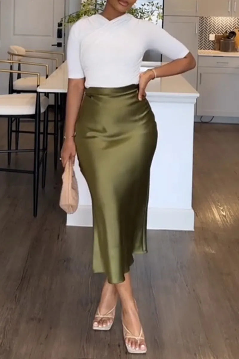 Women Round Neck Solid Color Top+ Satin Half Skirt Elegant Temperament Set