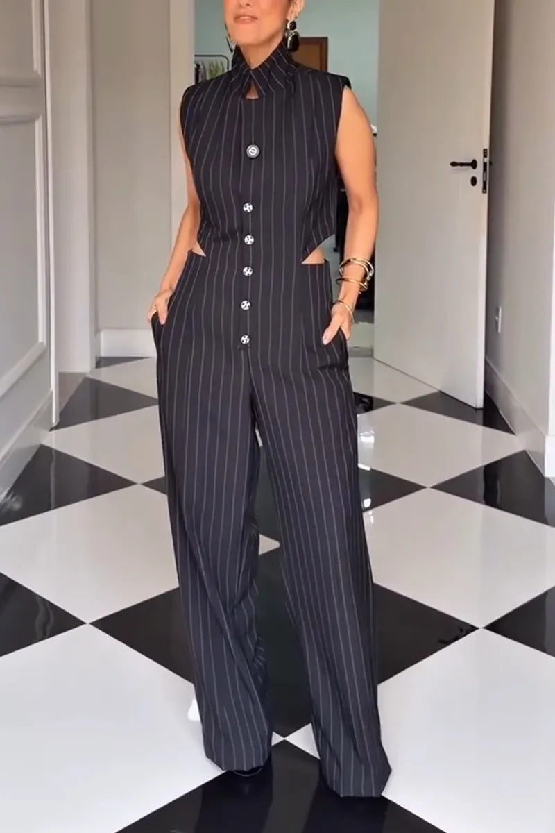 Women's Fashion Waist Cutout Stripe Wide Leg Jumpsuit