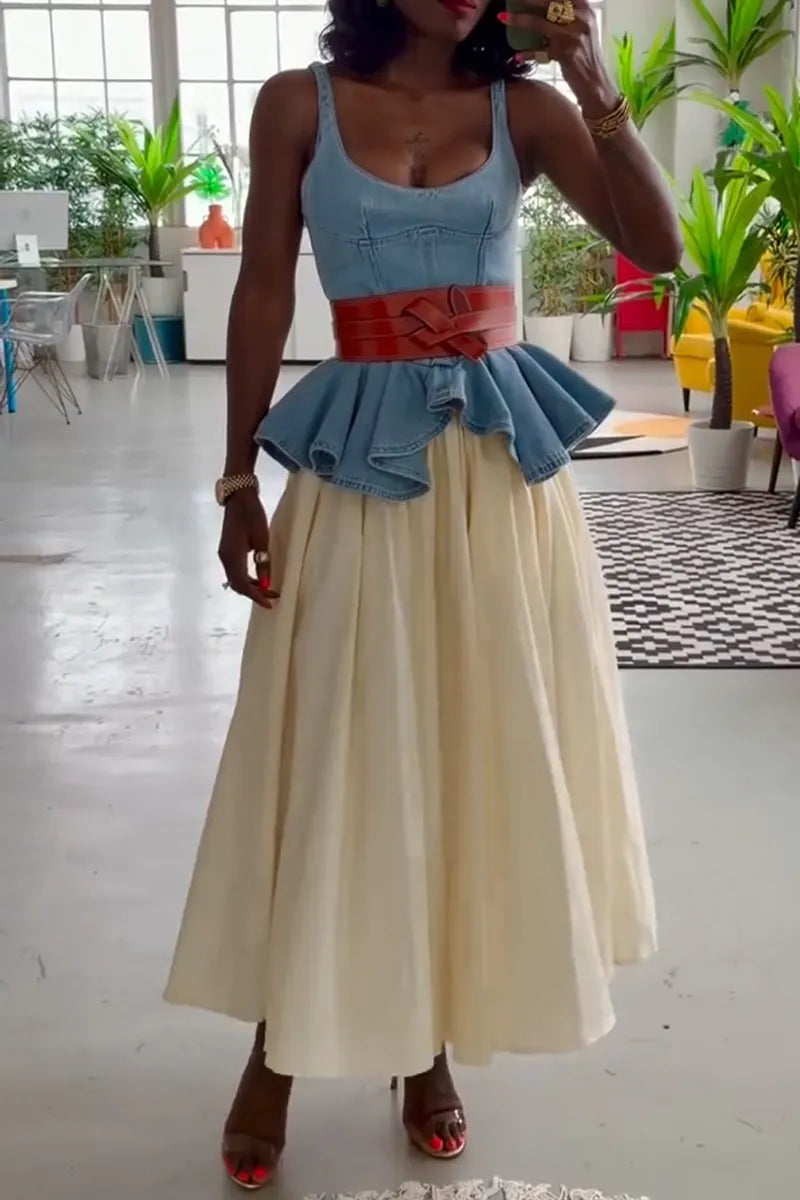Women Spaghetti Strap Patchwork Denim Top or Solid Color Skirt