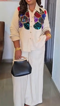 Women Collar Patchwork Sequined Shirt + Pants Casual Set