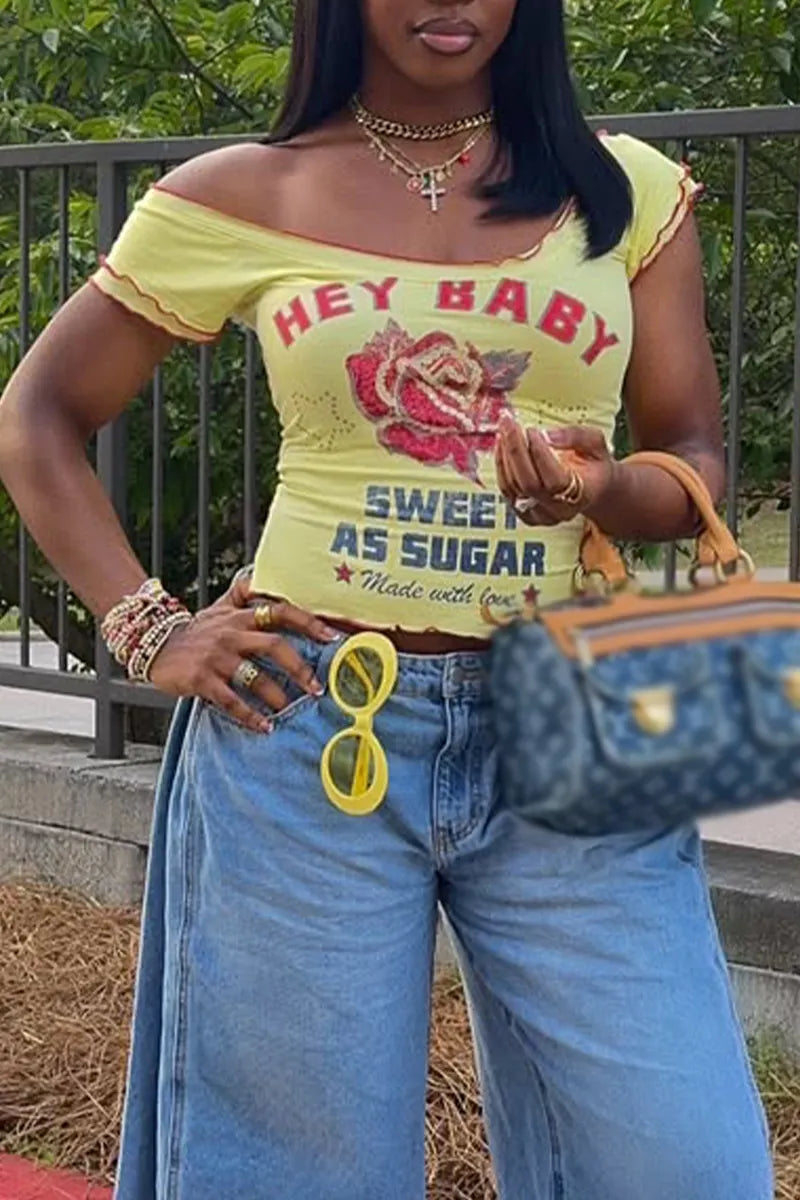 Women Casual U-neck Printed Top or Jeans