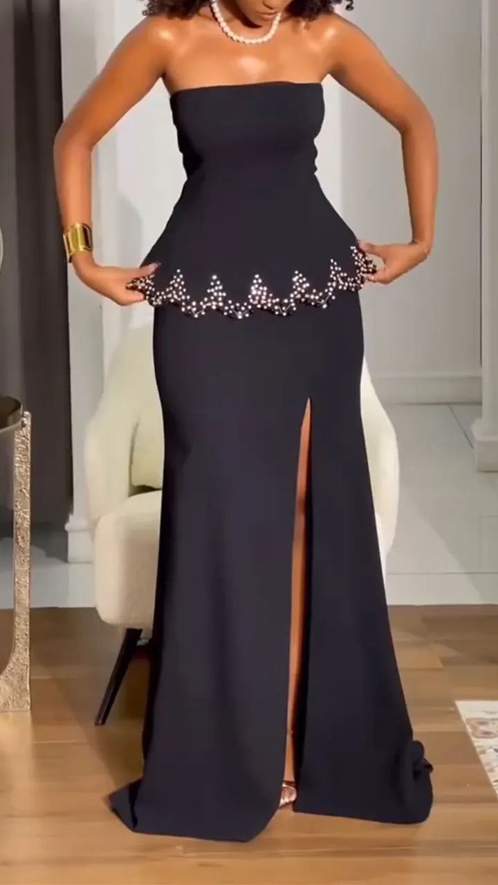 Women Strapless Rhinestone Top + Slit Skirt Evening Wedding Style Suit