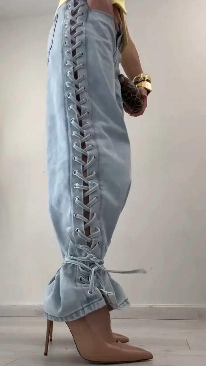 Ladies Side Cross Tie Casual Jeans