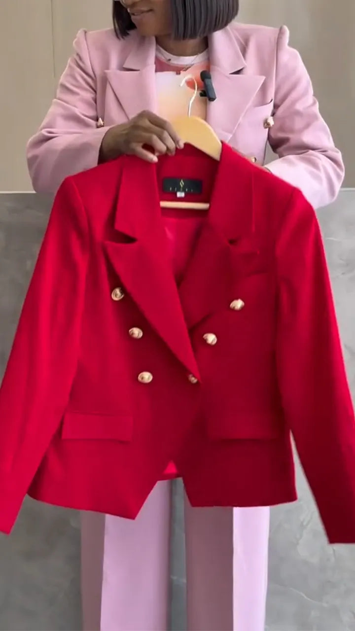 Women Collar Double Row Buckle Blazer + Pants Temperament Commuting Suit