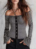 Black and White Striped Off-Shoulder Bell Sleeve Ribbed Knit Top with Button Placket
