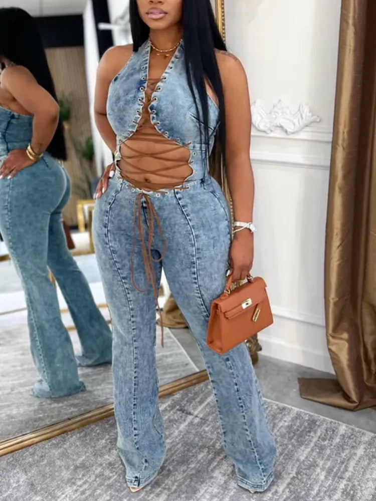 Women Neck Hanging Spliced Hollow Strap Sexy Casual Denim Jumpsuit