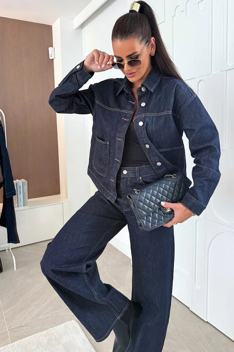 Women's Edgy Streetwear Dark Blue Denim Jacket