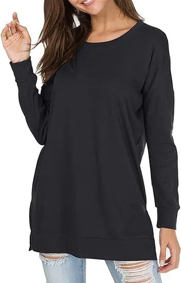Women Long Sleeve Cotton Top Round Neck Casual Solid Color Top