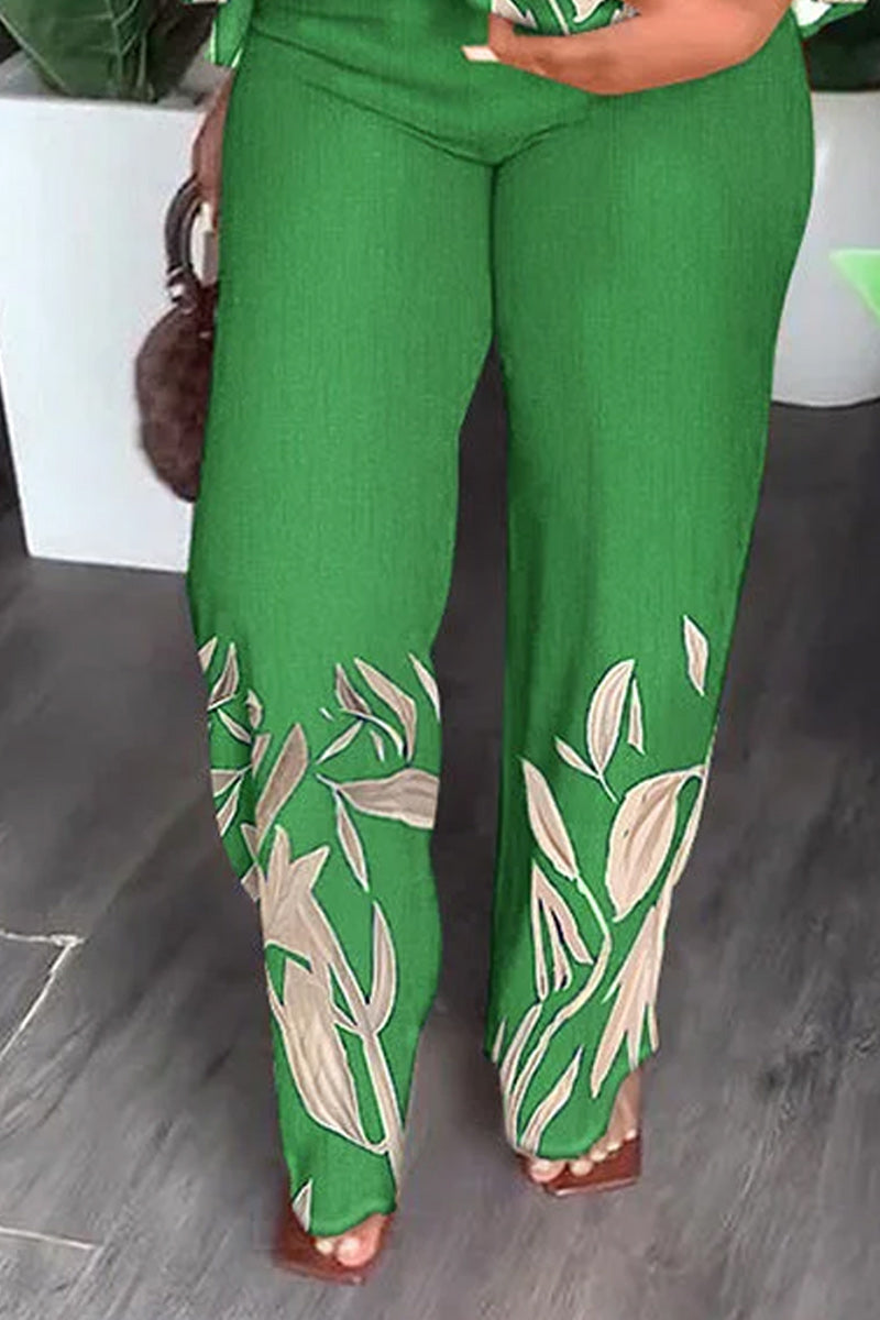 Ladies' Retro Leaf Print Slit Sleeve Top And Pants