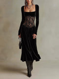 Black Velvet Square Neck Long Sleeve Midi Dress with Sheer Lace Corset Waist