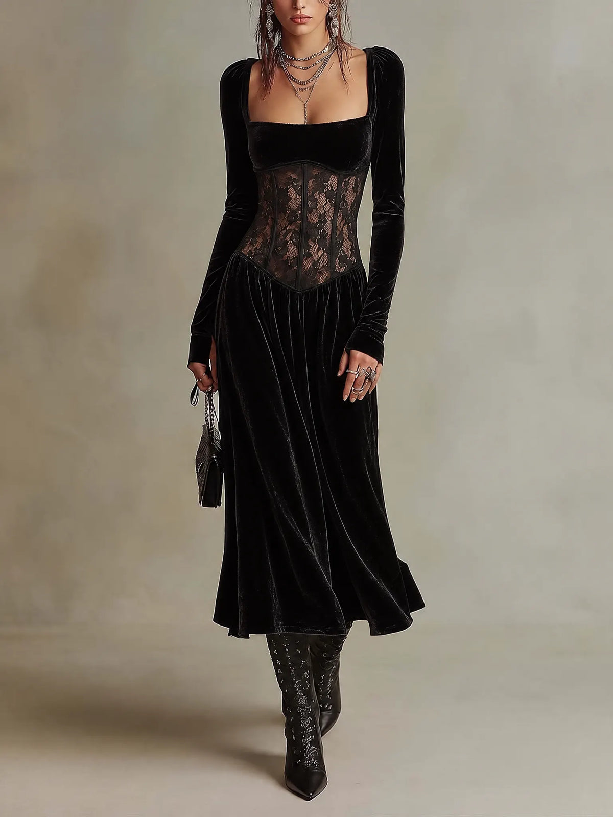 Black Velvet Square Neck Long Sleeve Midi Dress with Sheer Lace Corset Waist