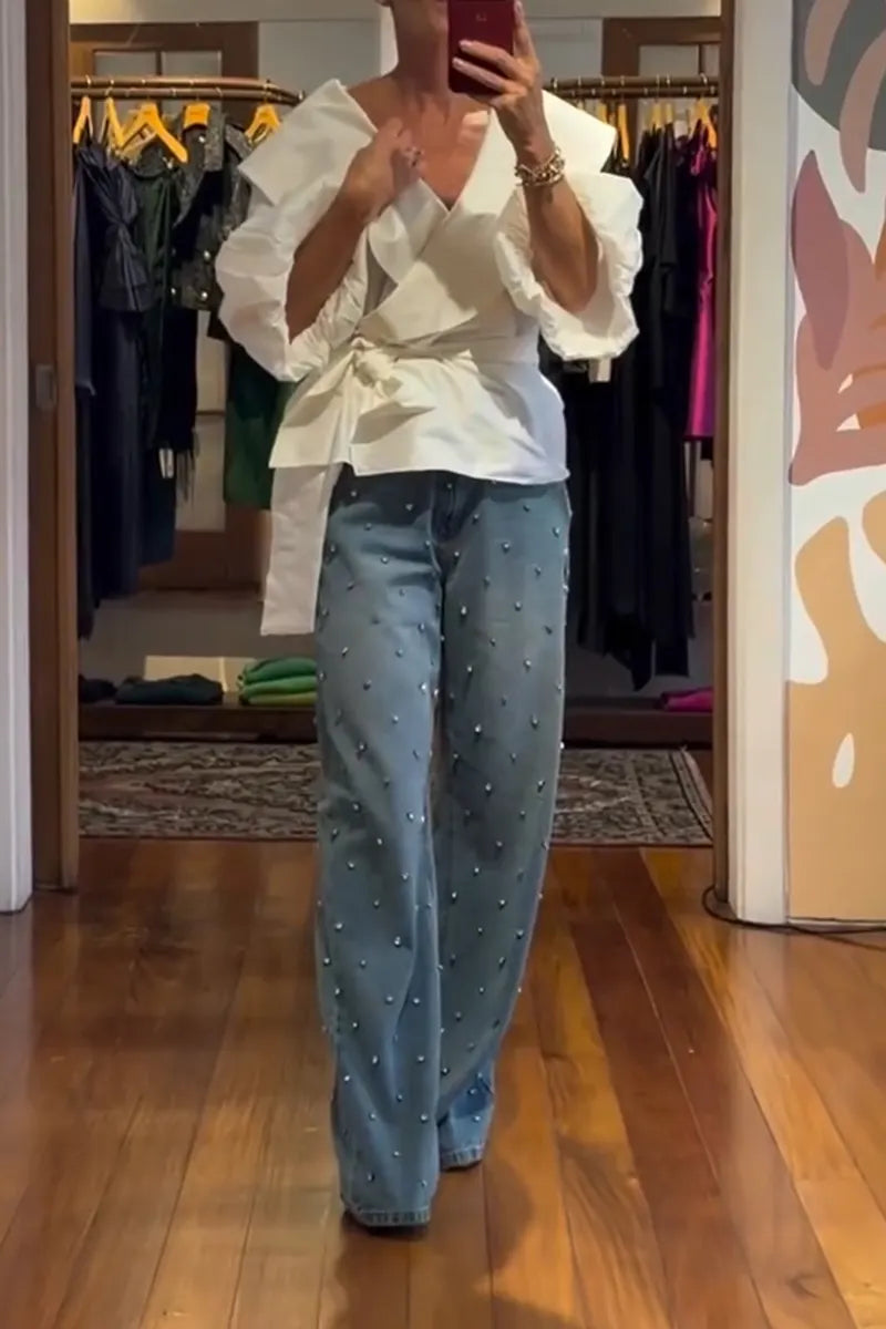 Women Casual V-neck Cinched Waist Shirt or Nail Drill Wide Leg Jeans