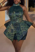 Women Neck Hanging Printed Irregular Top+ Half Skirt Elegant Temperament Set