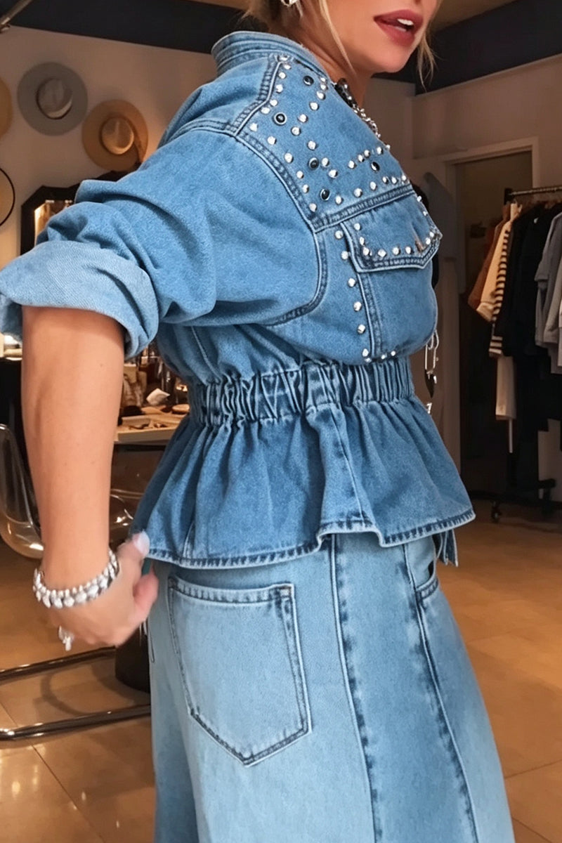 Women's Fashion Rivet Decoration Waist Cinching Denim Jacket