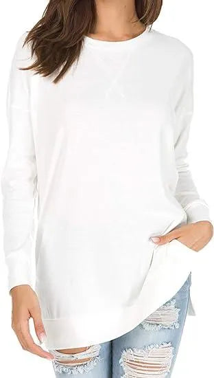 Women Long Sleeve Cotton Top Round Neck Casual Solid Color Top